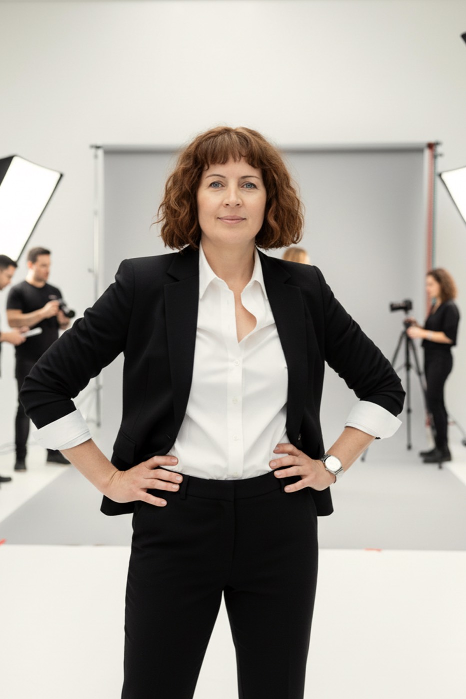 Belinda working with a team on set